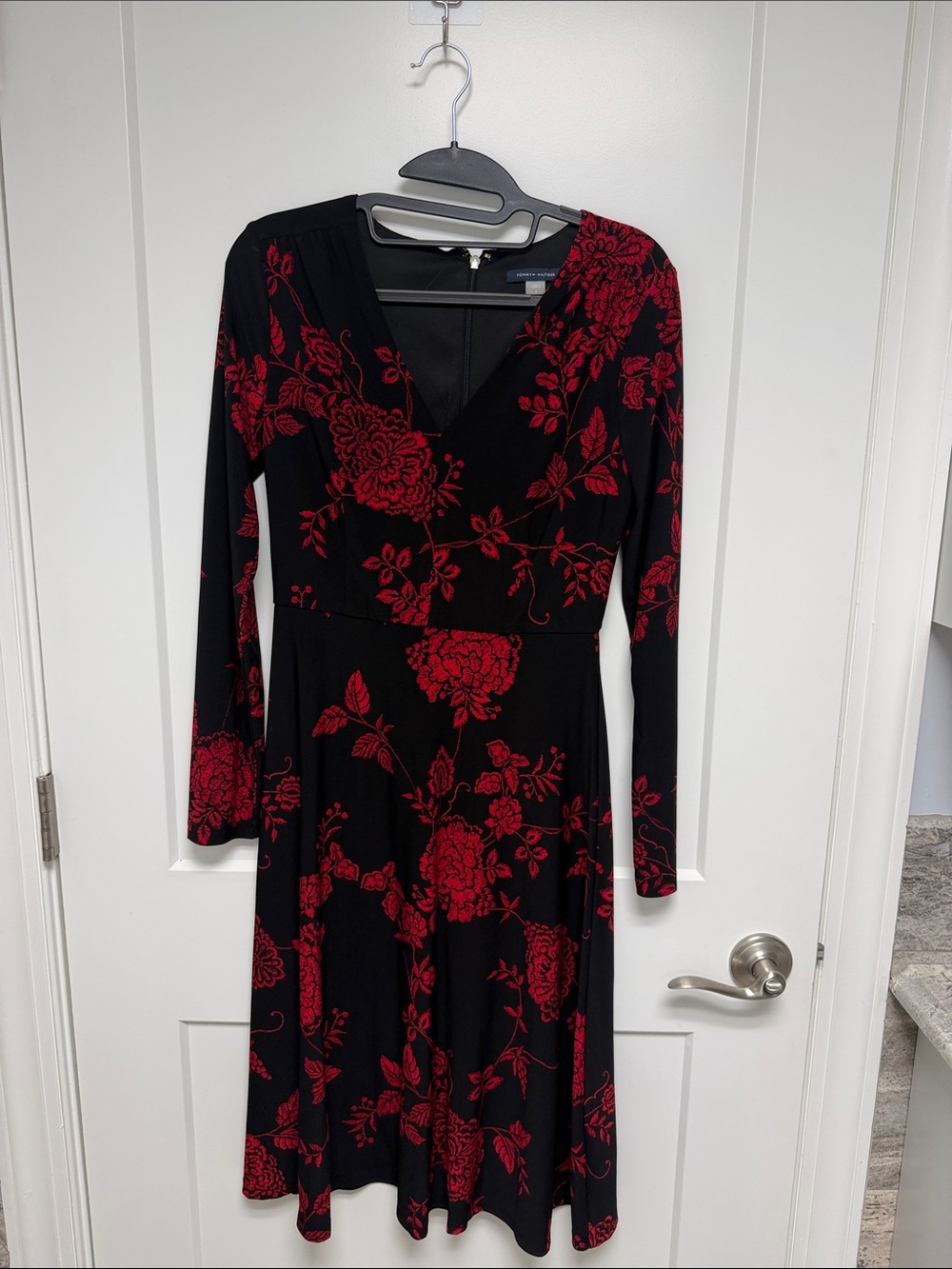 Tommy Hilfiger Black Dress with Red Floral Print — Long Sleeve